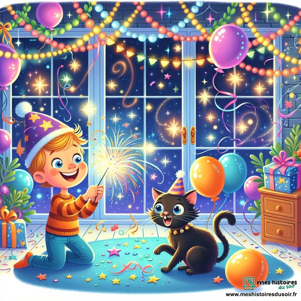 Une illustration destinée aux enfants représentant un garçon plein d'énergie et d'imagination, vivant une soirée de réveillon du Nouvel An pleine de magie et de fête en compagnie d'un chat espiègle, dans une maison brillamment décorée de guirlandes colorées et de ballons scintillants.
