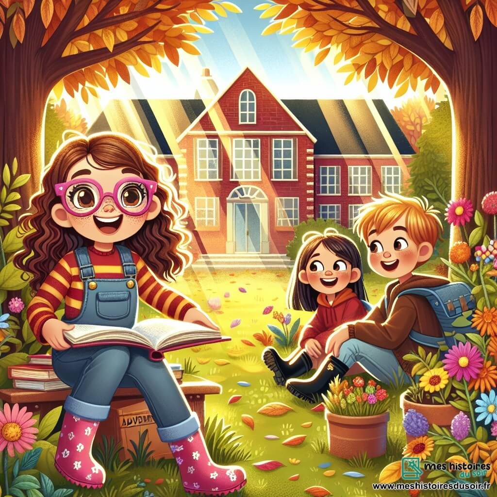 Illustration destinée aux enfants représentant une cour d'école animée, entourée de grands arbres aux feuilles dorées et d'un bâtiment en brique rouge, où des enfants rient et jouent. Au premier plan, une fille de 11 ans, avec des cheveux châtains bouclés et des lunettes roses, est assise sur un banc, un livre d'aventure ouvert sur ses genoux, les yeux pétillants d'enthousiasme. À ses côtés, une autre fille de 11 ans, aux cheveux longs et lisses, portant une salopette et des bottes en caoutchouc, admire un jardin coloré rempli de fleurs éclatantes qu'elles ont plantées ensemble. L'atmosphère est joyeuse et pleine de promesses, avec des rayons de soleil filtrant à travers les branches, créant une ambiance chaleureuse et accueillante.