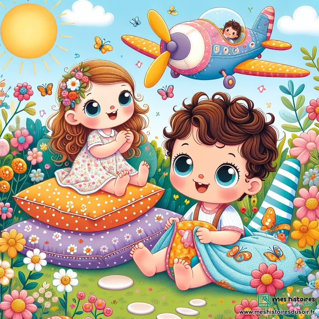 Une illustration sous forme de dessin destinée aux enfants représentant un jardin ensoleillé rempli de fleurs colorées et de papillons, où un petit garçon de 1 an aux cheveux bouclés et aux yeux pétillants, assis sur un tas de coussins, sourit joyeusement en tenant une couverture, tandis qu'une petite fille aux cheveux longs et bruns, portant une robe à fleurs, l'observe avec émerveillement, tous deux prêts à s'envoler dans leur avion magique imaginaire pour une aventure pleine de découvertes.