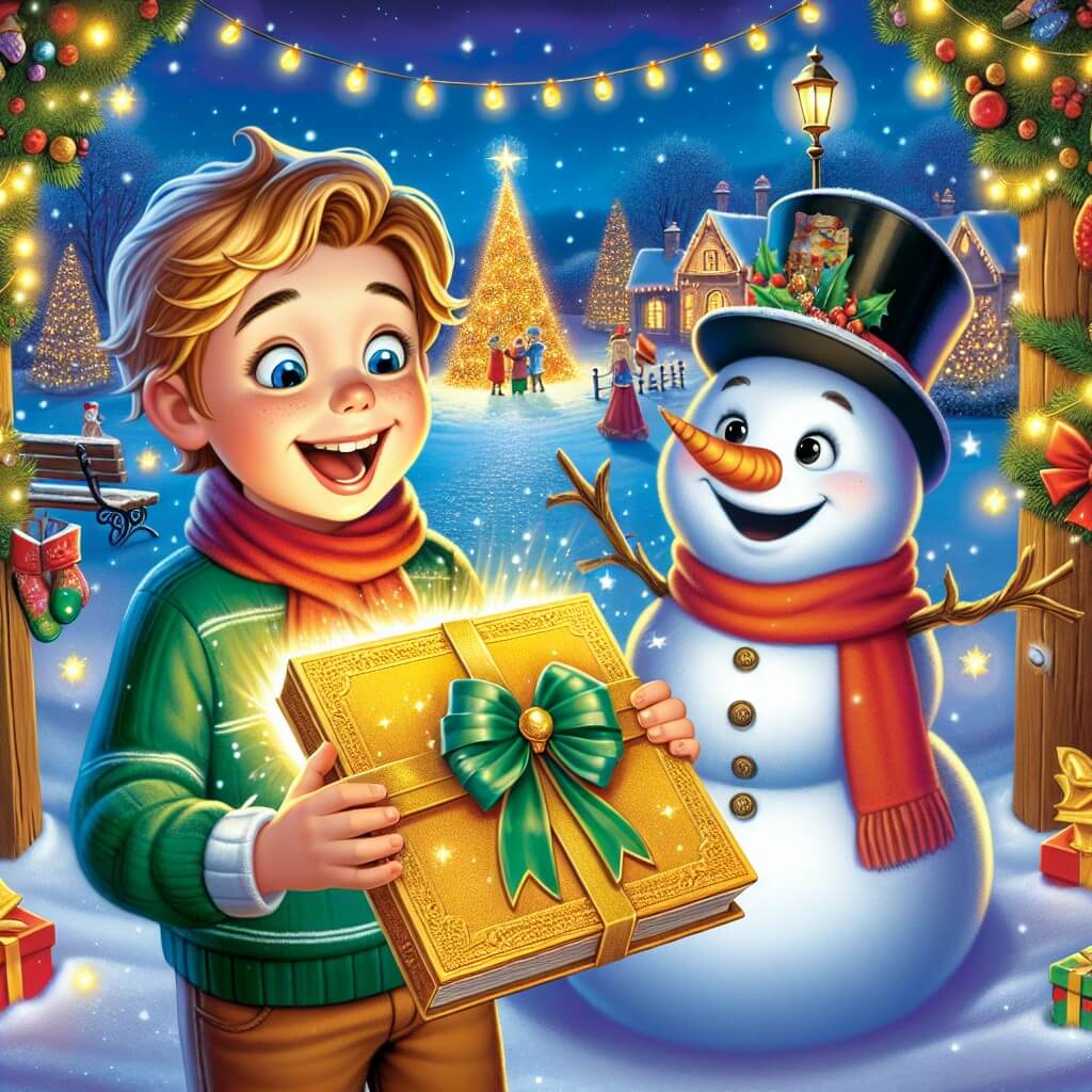 Une illustration destinée aux enfants représentant un jeune garçon, plein d'excitation, découvrant une mystérieuse invitation dorée pour une soirée magique au pays du réveillon, accompagné d'un bonhomme de neige chantant des chansons de Noël, avec en arrière-plan un parc enchanté illuminé de lumières scintillantes et de décorations joyeuses.