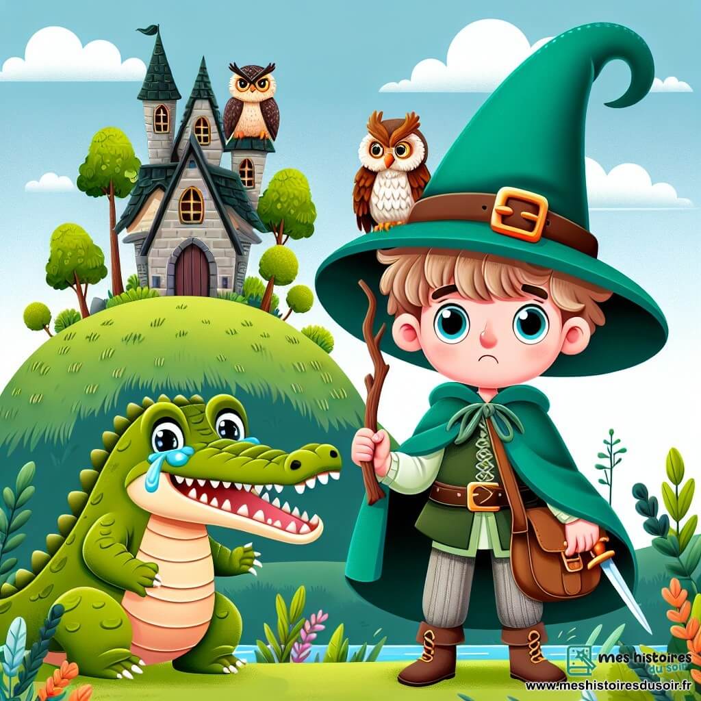 Une illustration destinée aux enfants représentant un jeune apprenti sorcier, un crocodile pleurnichard, et une maison en forme de chouette perchée au sommet d'une colline verdoyante où se déroulent des aventures magiques et amusantes.