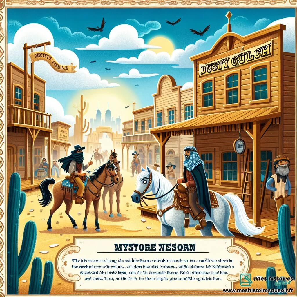 Une illustration destinée aux enfants représentant un courageux cow-boy à la recherche d'un trésor dans un mystérieux saloon du désert, accompagné de son fidèle cheval, Éclair, dans la petite ville poussiéreuse de Dusty Gulch, avec ses bâtiments en bois usés par le soleil et ses rues animées de cow-boys et de chevaux.