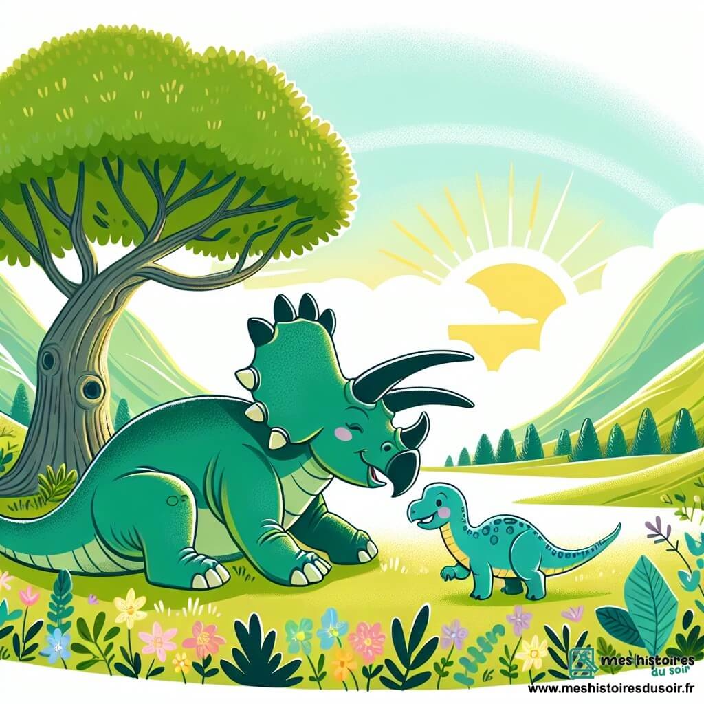 Une illustration sous forme de dessin destinée aux enfants représentant une vallée verdoyante baignée de lumière, avec un tricératops aux grandes cornes et à la peau verte, joyeusement en train de jouer sous un arbre majestueux, tandis qu'une petite brontosaurus au long cou et à la peau bleue les rejoint, le tout entouré de fleurs colorées et d'une douce brise, illustrant l'amitié et la joie de vivre des dinosaures dans leur habitat naturel.