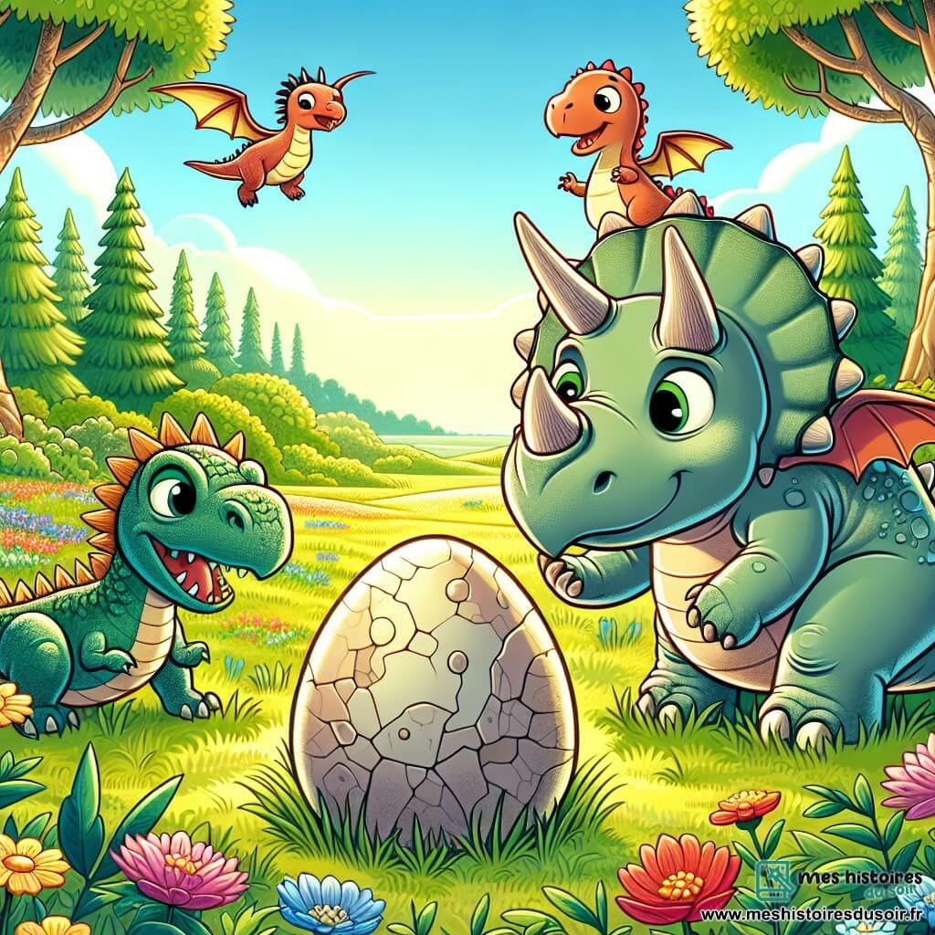 Une illustration destinée aux enfants représentant un jeune tricératops curieux découvrant un œuf mystérieux, accompagné d'un bébé dragon joyeux et d'une dinosaure sage, dans une vaste plaine verdoyante parsemée de grands arbres et de fleurs colorées.