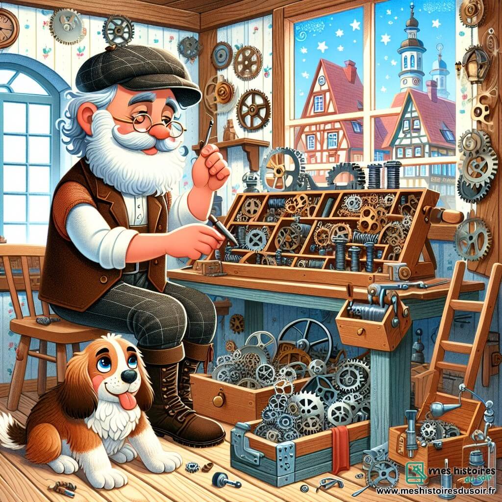 Une illustration destinée aux enfants représentant un inventeur passionné, accompagné de son fidèle chien Léo, travaillant dans son atelier rempli d'engrenages et de ressorts, situé dans la charmante ville de Brindille.