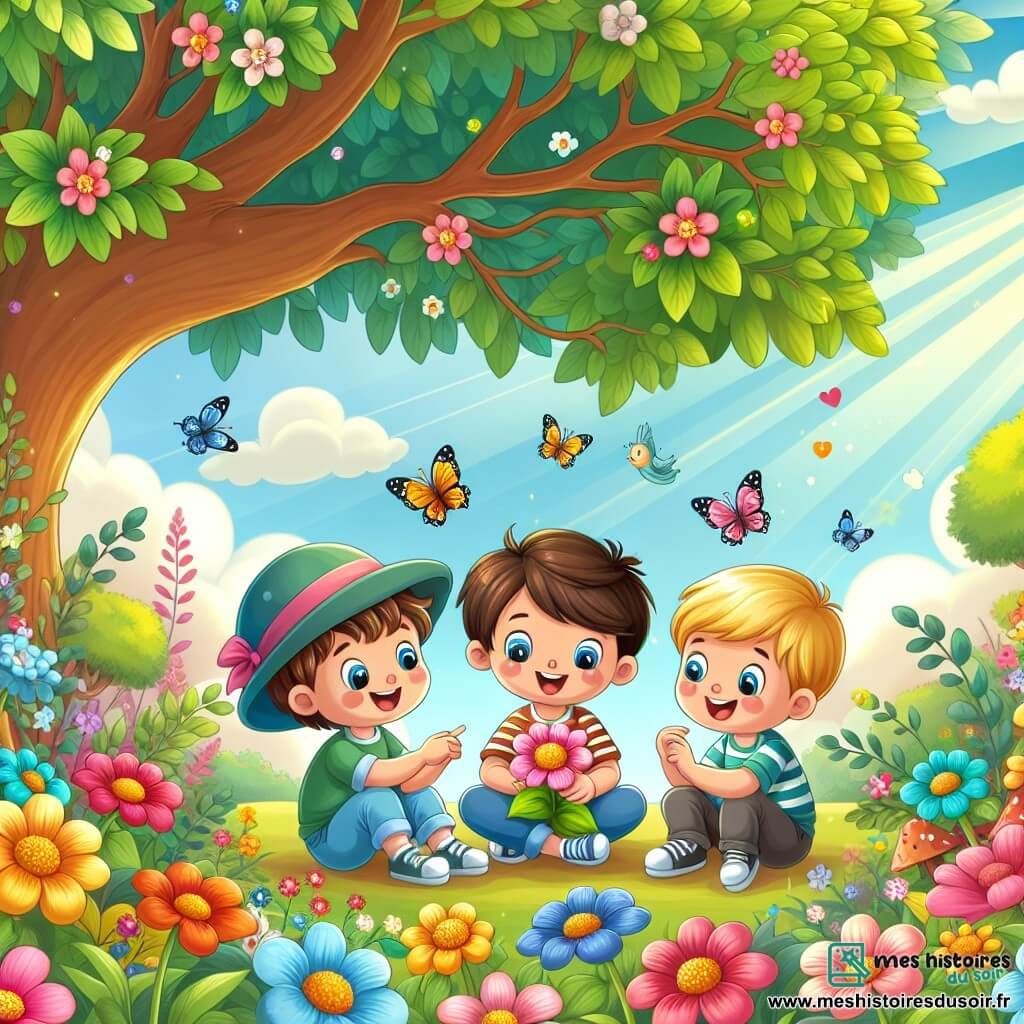 Illustration d'un jardin enchanté avec des fleurs éclatantes, des arbres aux branches dansantes et un ciel bleu parsemé de nuages doux. Au centre, trois garçons sont assis sous un grand arbre aux feuilles brillantes. Le premier, âgé d'environ 7 ans, a des cheveux bruns en bataille et un sourire éclatant, tenant une petite fleur. Le deuxième, également 7 ans, porte un chapeau à rayures et a des yeux curieux, pointant la fleur. Le troisième, environ 8 ans, a des cheveux blonds et un visage joyeux, riant en écoutant ses amis. La scène montre les garçons discutant joyeusement de la fleur, entourés de papillons colorés. Des rayons de soleil filtrent à travers les feuilles, créant une atmosphère chaleureuse, tandis que des oiseaux chantent dans les branches, ajoutant de la magie à ce moment d'amitié.