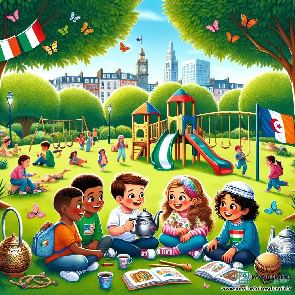 Illustration destinée aux enfants représentant un parc verdoyant au cœur d'un quartier animé, avec de grands arbres aux feuilles luxuriantes et une aire de jeux colorée remplie de rires. Au premier plan, un groupe de quatre enfants de 9 ans, deux garçons aux cheveux bruns et à la peau claire, un garçon aux cheveux bouclés et à la peau mate, et une fille aux cheveux longs et à la peau caramel, sont assis sur l'herbe, entourés de trésors culturels qu'ils ont cachés : une théière en métal, un drapeau français, un livre de contes algériens et des castagnettes. Ils échangent des sourires et des histoires, illustrant la joie de l'amitié et la célébration de la diversité culturelle, tandis que des papillons colorés volent autour d'eux, ajoutant une touche de magie à cette scène chaleureuse.