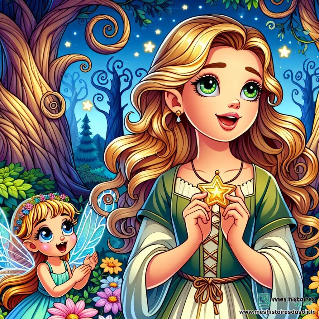 Une illustration sous forme de dessin destinée aux enfants représentant une forêt enchantée aux arbres majestueux aux troncs tourbillonnants et aux fleurs colorées chantant des mélodies, avec une jeune femme aux cheveux d'or brillants et aux yeux verts, vêtue d'une robe légère, tenant une amulette en forme d'étoile, déterminée à sauver son royaume, tandis qu'une petite fée aux ailes translucides, aux larmes aux yeux, flotte à ses côtés, implorant son aide pour vaincre la sorcière Nocturne qui menace de plonger leur monde dans les ténèbres.