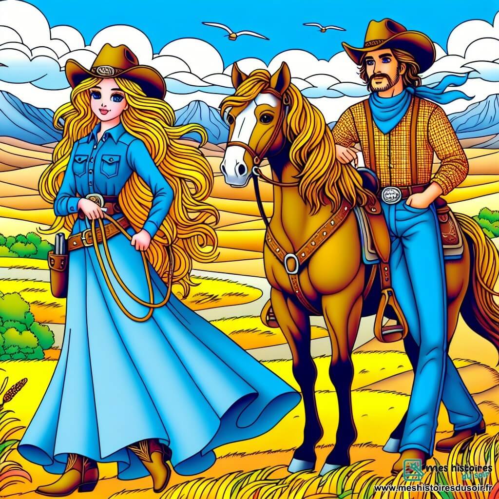 Une illustration sous forme de dessin destinée aux enfants représentant un vaste paysage de l'Ouest américain avec des collines dorées et un grand ciel bleu, où une courageuse cow-girl aux longs cheveux dorés, portant un chapeau de cow-boy et une tenue en denim, monte fièrement son mustang au pelage brillant, tandis qu'un grand cow-boy au sourire amical, vêtu d'une chemise à carreaux et d'un chapeau de cow-boy, les observe avec admiration, alors qu'ils se préparent à affronter une tempête imminente, symbolisant l'unité et le courage face à l'adversité.