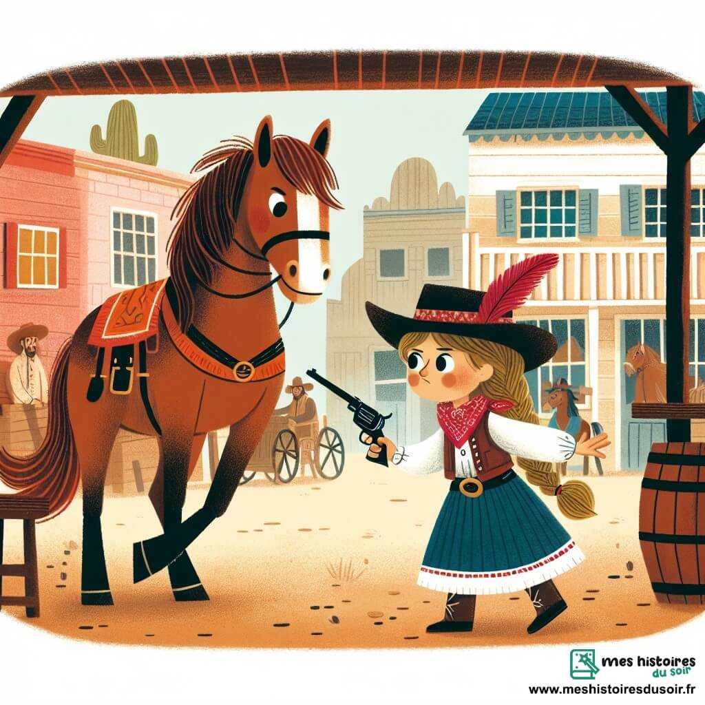 Une illustration destinée aux enfants représentant une jeune cow-girl au chapeau orné d'une plume rouge, bravant un étranger mystérieux dans un saloon animé du Far West, accompagnée de son fidèle Mustang, dans un village poussiéreux de l'Ouest sauvage des États-Unis.