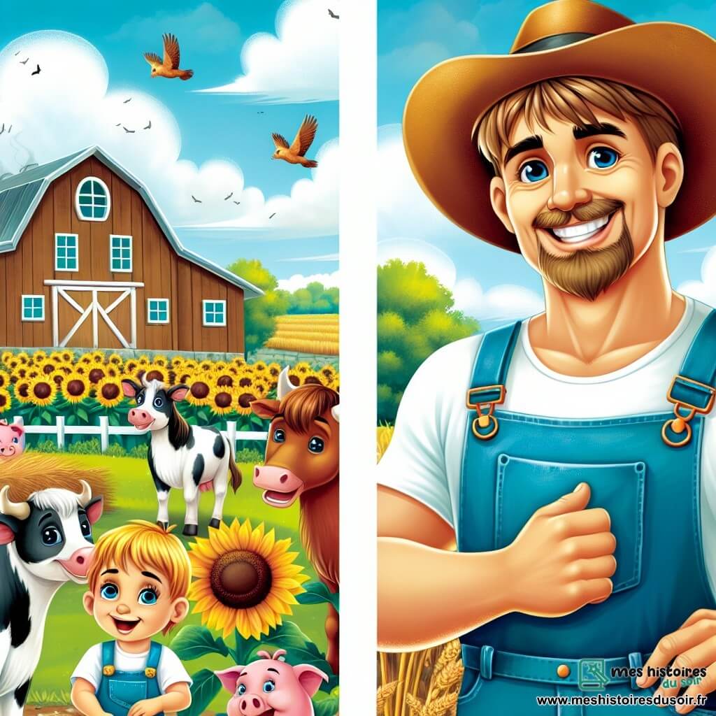 Une illustration destinée aux enfants représentant un fermier robuste et souriant, un enfant curieux, une ferme pittoresque entourée de champs de tournesols et de blé, et des animaux de la ferme joyeux.