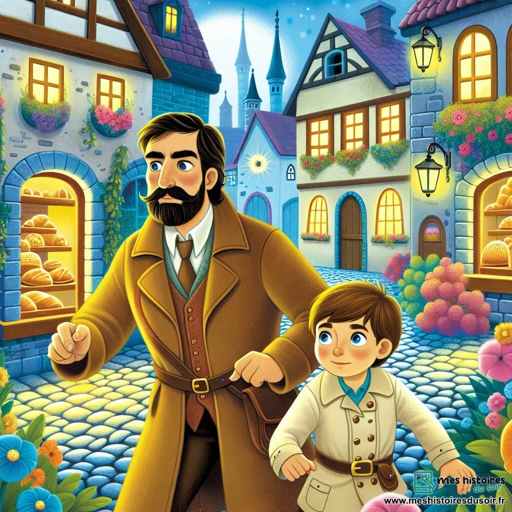 Une illustration destinée aux enfants représentant un homme courageux et déterminé, accompagné de son fils, enquêtant sur un mystérieux vol dans une charmante boulangerie située au cœur d'une rue pavée bordée de maisons colorées et de fleurs chatoyantes.