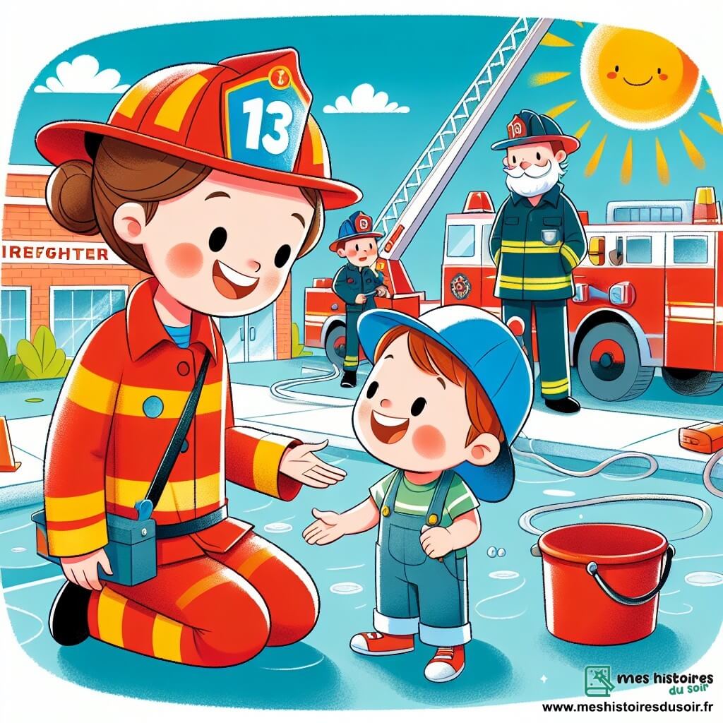 Une illustration sous forme de dessin destinée aux enfants représentant une caserne de pompiers colorée et animée, avec une jeune femme pompier aux cheveux bruns attachés en chignon, portant un uniforme rouge éclatant et un casque brillant, en train de sourire et de parler à un petit garçon aux yeux curieux et à la casquette bleue, qui l'écoute avec admiration, tandis qu'un autre pompier, un homme costaud avec une barbe, s'affaire à préparer la grande échelle à l'arrière-plan, le tout baigné par la lumière d'un soleil radieux, illustrant ainsi l'esprit d'équipe et le rêve d'aider les autres.