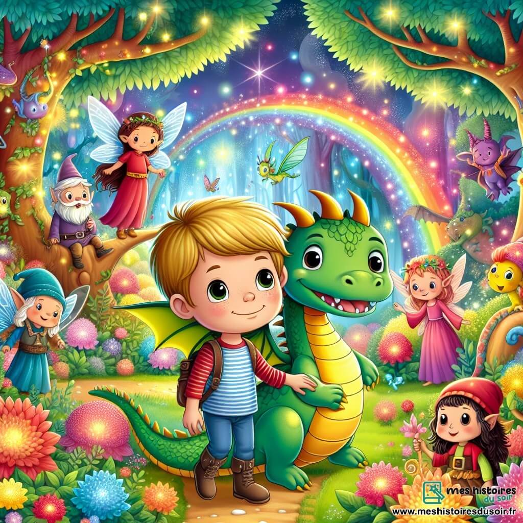 Une illustration destinée aux enfants représentant un jeune garçon souriant, entouré d'un dragon bienveillant, explorant un monde imaginaire rempli de couleurs vives et de créatures fantastiques, telles que des fées, des lutins et des animaux parlants, dans une forêt enchantée aux arbres majestueux et aux fleurs lumineuses.