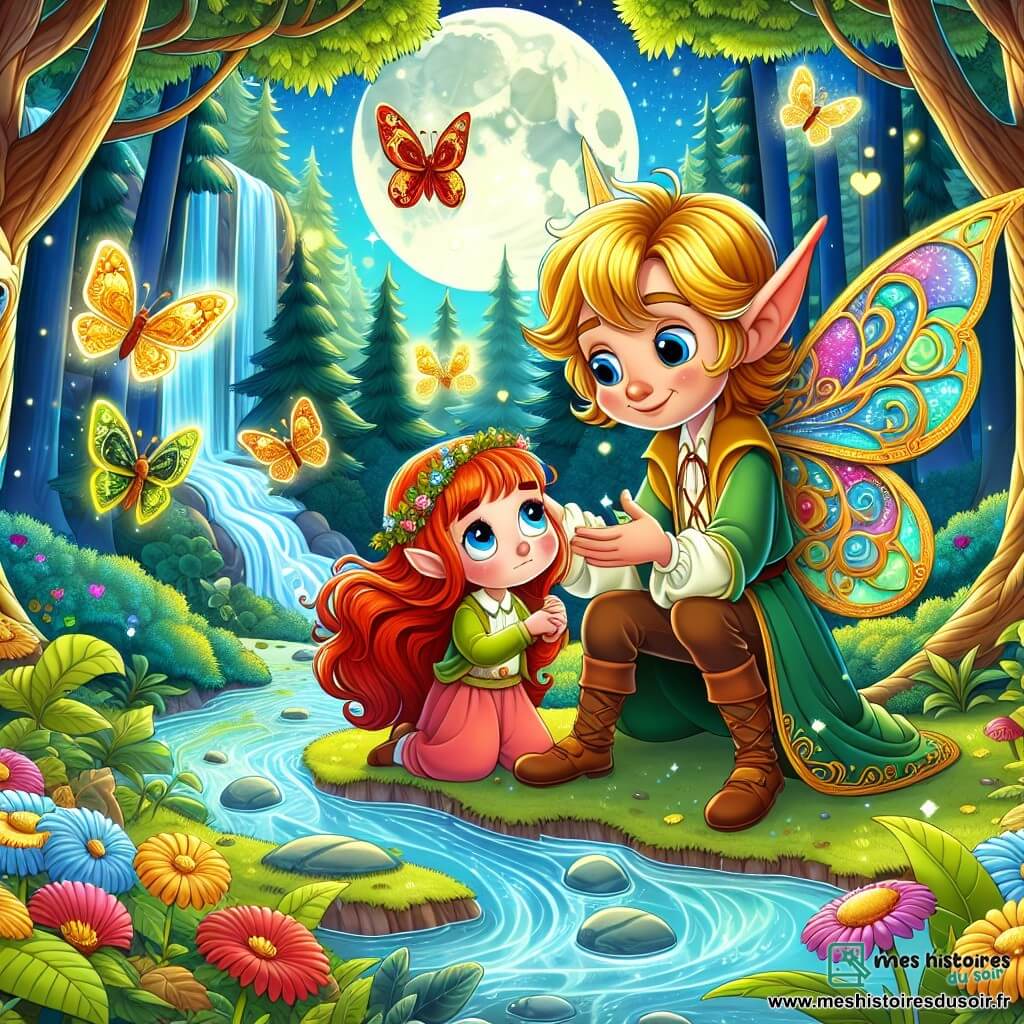 Une illustration sous forme de dessin destinée aux enfants représentant une forêt magique d'Émeralune, avec des arbres majestueux aux feuilles brillantes et des fleurs colorées, où un elfe aux cheveux dorés et aux oreilles pointues, joyeux et curieux, aide une petite fille aux cheveux roux et aux yeux bleus, qui semble perdue et triste, tandis qu'une rivière espiègle aux eaux scintillantes et rieuses serpente à travers la scène, entourée de papillons colorés dansant dans l'air, créant une atmosphère enchantée et amicale.