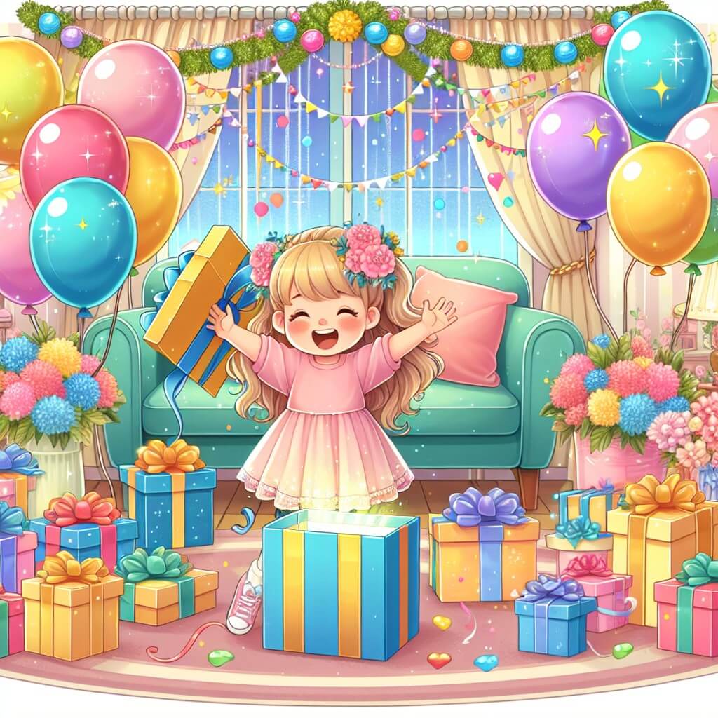 Une illustration destinée aux enfants représentant une petite fille joyeuse, entourée de ballons colorés et de guirlandes scintillantes, découvrant une grande boîte cadeau dans un salon décoré avec des fleurs et des guirlandes, pour célébrer son anniversaire.