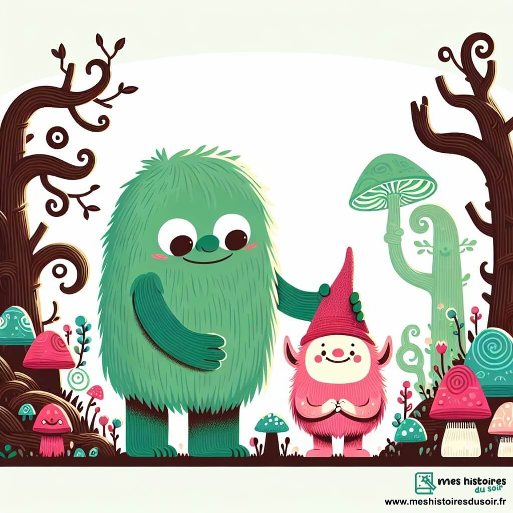 Une illustration destinée aux enfants représentant un monstre vert et gentil, une petite créature rose et poilue, dans la forêt des farfadets aux arbres tordus et aux champignons lumineux.