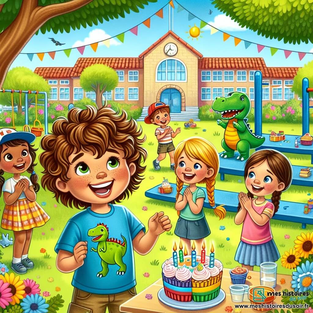 Illustration destinée aux enfants représentant une cour d'école ensoleillée, remplie de fleurs colorées et de jeux, avec un grand arbre à l'ombre accueillante. Au centre, un groupe d'enfants de 7 ans, joyeux et souriants : un garçon aux cheveux bruns et bouclés, portant un t-shirt avec un dinosaure, qui chante et danse, entouré de deux filles aux cheveux longs, l'une avec des nattes et une casquette rouge, l'autre avec des boucles dorées, qui applaudissent et rient. En arrière-plan, des cupcakes colorés sont disposés sur une table, tandis qu'une marionnette en forme de dinosaure apparaît sur une scène improvisée, ajoutant une touche de magie à cette fête d'anniversaire pleine de rires et d'amitié.