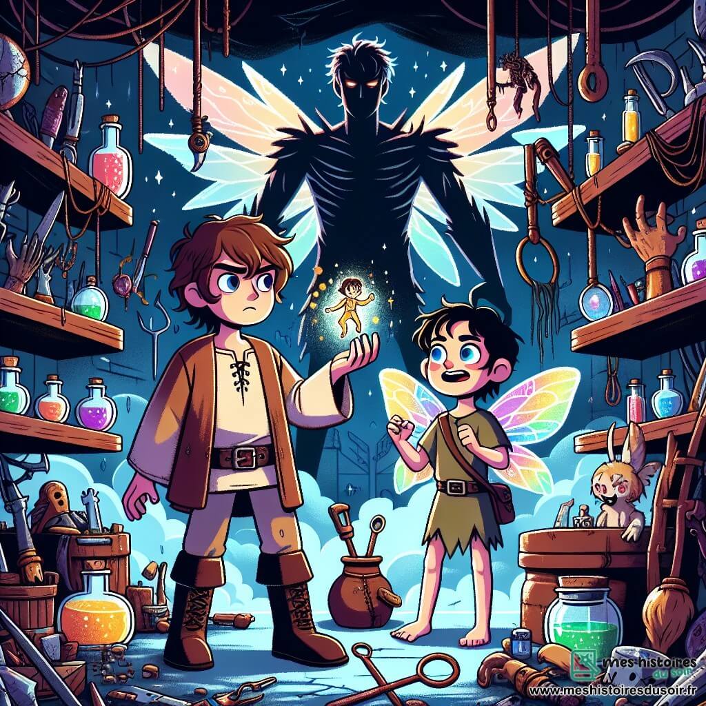 Une illustration sous forme de dessin destinée aux enfants représentant un atelier magique rempli d'outils étranges et de potions colorées, où un jeune homme aux cheveux en bataille et à la tunique usée, déterminé et courageux, brandit une amulette lumineuse, tandis qu'une petite fée aux ailes iridescentes, espiègle et joyeuse, vole autour de lui, et en arrière-plan, un titan imposant, fait d'ombre et de lumière, observe avec curiosité, le tout baigné dans une atmosphère de mystère et de magie, symbolisant la lutte entre la lumière et l'obscurité.