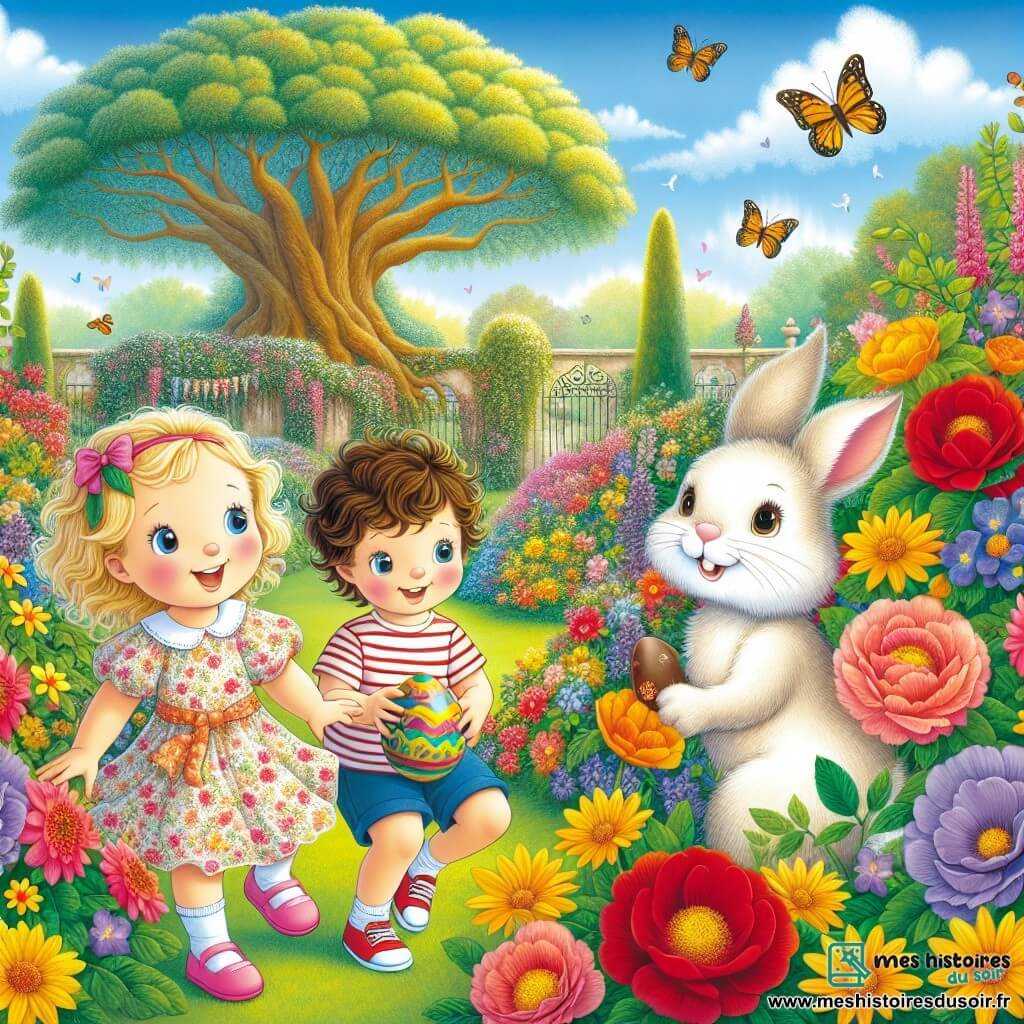 Illustration destinée aux enfants représentant un jardin ensoleillé, rempli de fleurs colorées dans des teintes vives de rouge, jaune et violet, avec un grand chêne majestueux à l'arrière-plan. Au premier plan, un groupe de deux enfants de trois ans, une petite fille aux cheveux dorés portant une robe fleurie et des chaussures roses, et un petit garçon aux cheveux bruns en bataille portant un t-shirt à rayures et un short, sont en train de chercher des œufs de Pâques cachés parmi les fleurs. À côté d'eux, un adorable lapin blanc aux grandes oreilles, souriant et curieux, les observe tout en tenant un œuf en chocolat coloré dans ses pattes. L'atmosphère est joyeuse et festive, avec des papillons virevoltant autour et un ciel bleu éclatant.