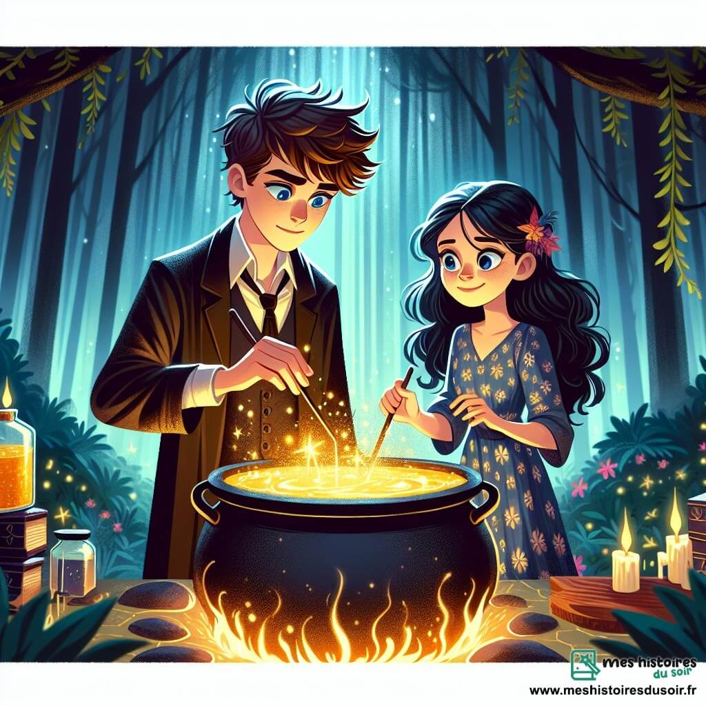 Une illustration sous forme de dessin destinée aux enfants représentant une clairière enchantée au cœur de la forêt de Luminara, où un jeune apprenti sorcier aux cheveux bruns en désordre et aux yeux bleus profonds, concentré et déterminé, mélange des ingrédients magiques dans un grand chaudron étincelant, tandis qu'à ses côtés, une jeune sorcière aux longs cheveux noirs, pleine de vivacité, l'encourage avec un sourire, alors qu'une lumière dorée émane de leur potion, symbolisant leur quête pour apaiser les forces obscures menaçant leur royaume.