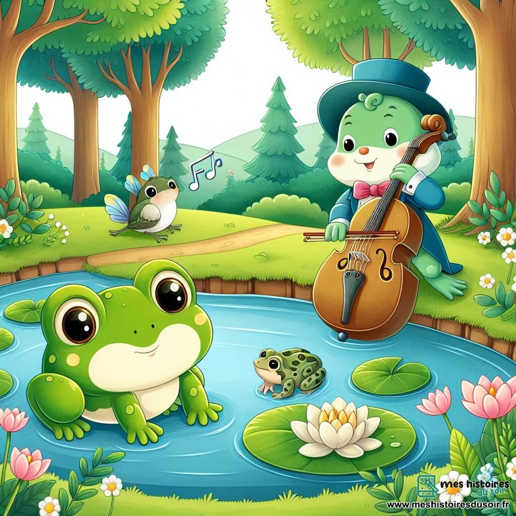 Une illustration destinée aux enfants représentant une charmante grenouille curieuse, évoluant dans une magnifique mare au cœur d'une forêt enchantée, où elle fait la rencontre d'un élégant crapaud musicien.