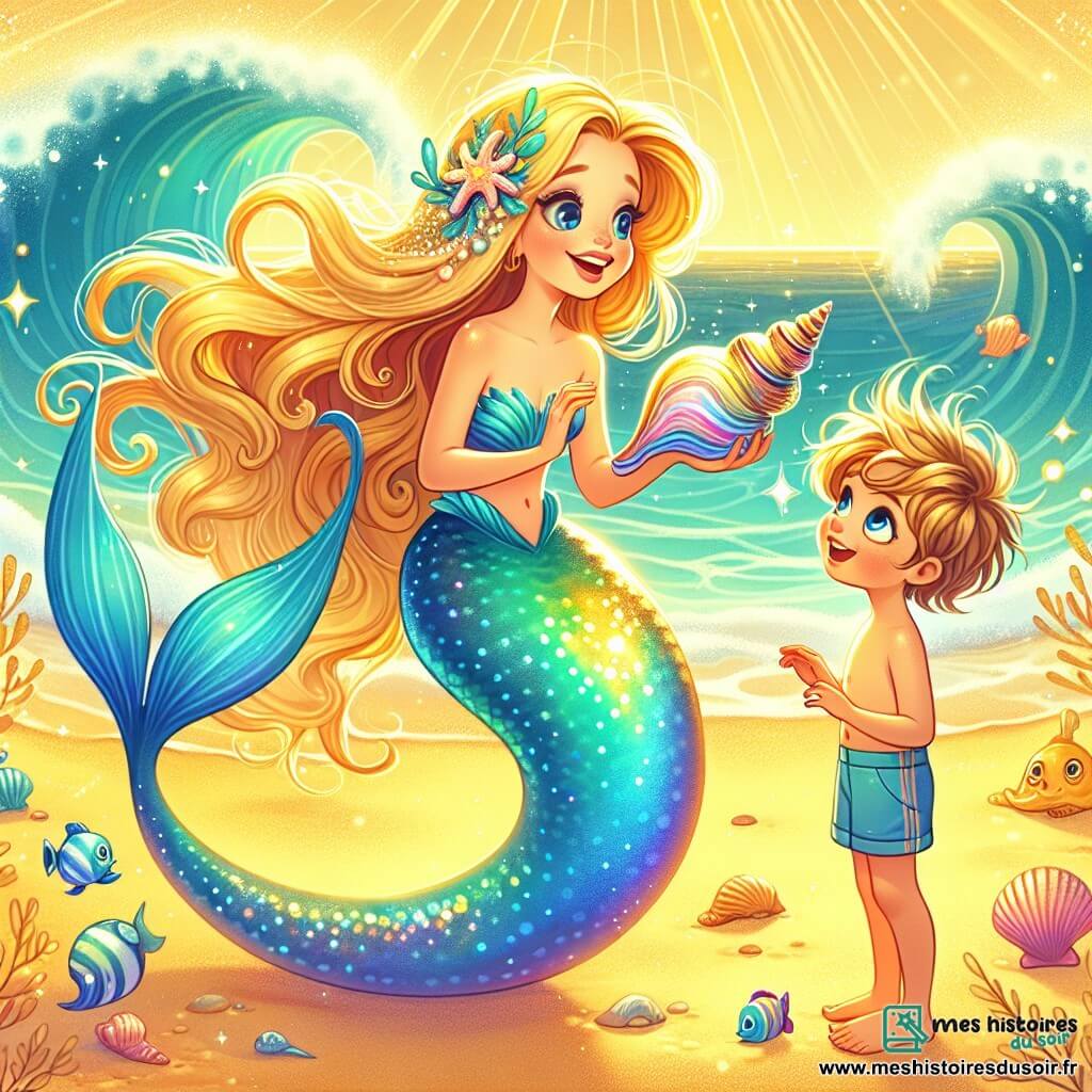 Une illustration sous forme de dessin destinée aux enfants représentant une plage dorée baignée par la lumière du soleil, où une sirène aux longs cheveux dorés et à la queue iridescente, émerveillée, tient une magnifique conque colorée dans ses mains, tandis qu'un jeune garçon aux cheveux en désordre et aux yeux pétillants, vêtu d'un maillot de bain, observe avec fascination la sirène, tous deux entourés de vagues scintillantes et de créatures marines amicales, illustrant le moment magique où le garçon découvre le secret de l'océan.