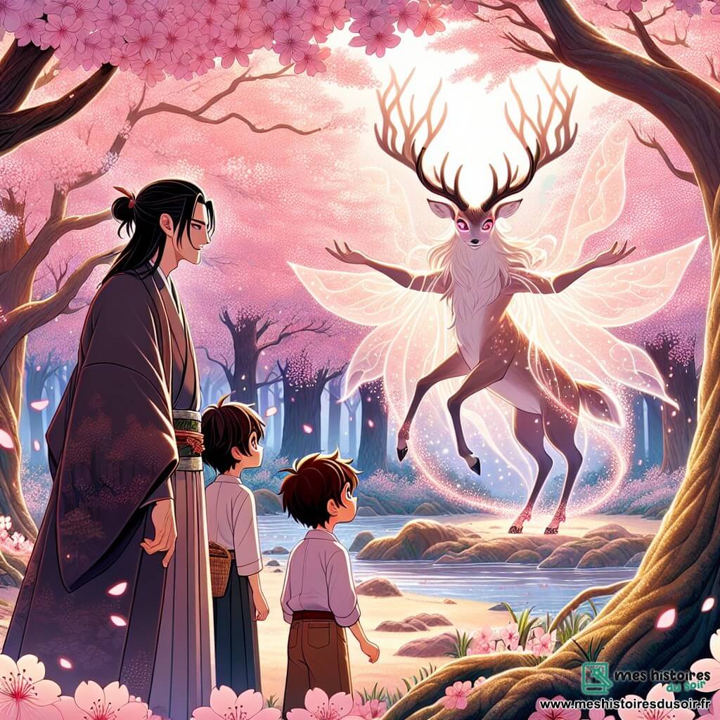 Une illustration sous forme de dessin destinée aux enfants représentant une forêt japonaise enchantée, avec des cerisiers en fleurs aux pétales roses flottant dans l'air, où un homme de taille moyenne, aux cheveux noirs et aux yeux pétillants, se tient émerveillé, observant un esprit métamorphe, prenant la forme d'un magnifique cerf aux bois majestueux, qui danse gracieusement entre les arbres, tandis que des enfants du village, un garçon aux cheveux bruns et une fille aux cheveux longs, les yeux brillants de curiosité, s'approchent avec fascination, créant une atmosphère magique de découverte et de respect pour la nature.