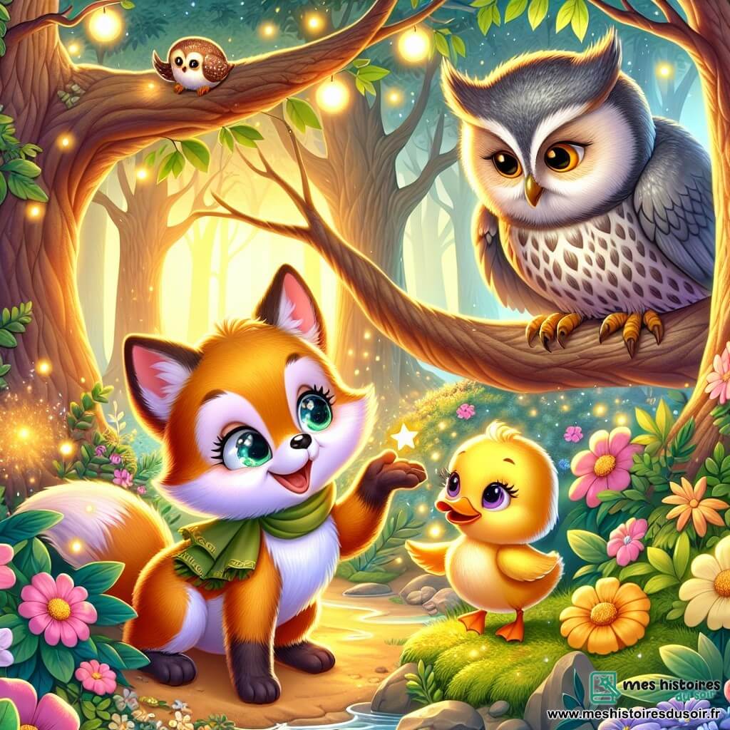 Une illustration sous forme de dessin destinée aux enfants représentant une forêt enchantée aux arbres majestueux et aux fleurs colorées, où un petit renard à la fourrure dorée et aux grands yeux pétillants, souriant et curieux, aide un petit canard aux plumes jaunes et au regard inquiet à retrouver sa maman, tandis qu'un hibou sage aux plumes grises les observe depuis une branche, le tout baigné dans une douce lumière dorée qui évoque la magie et l'amitié.