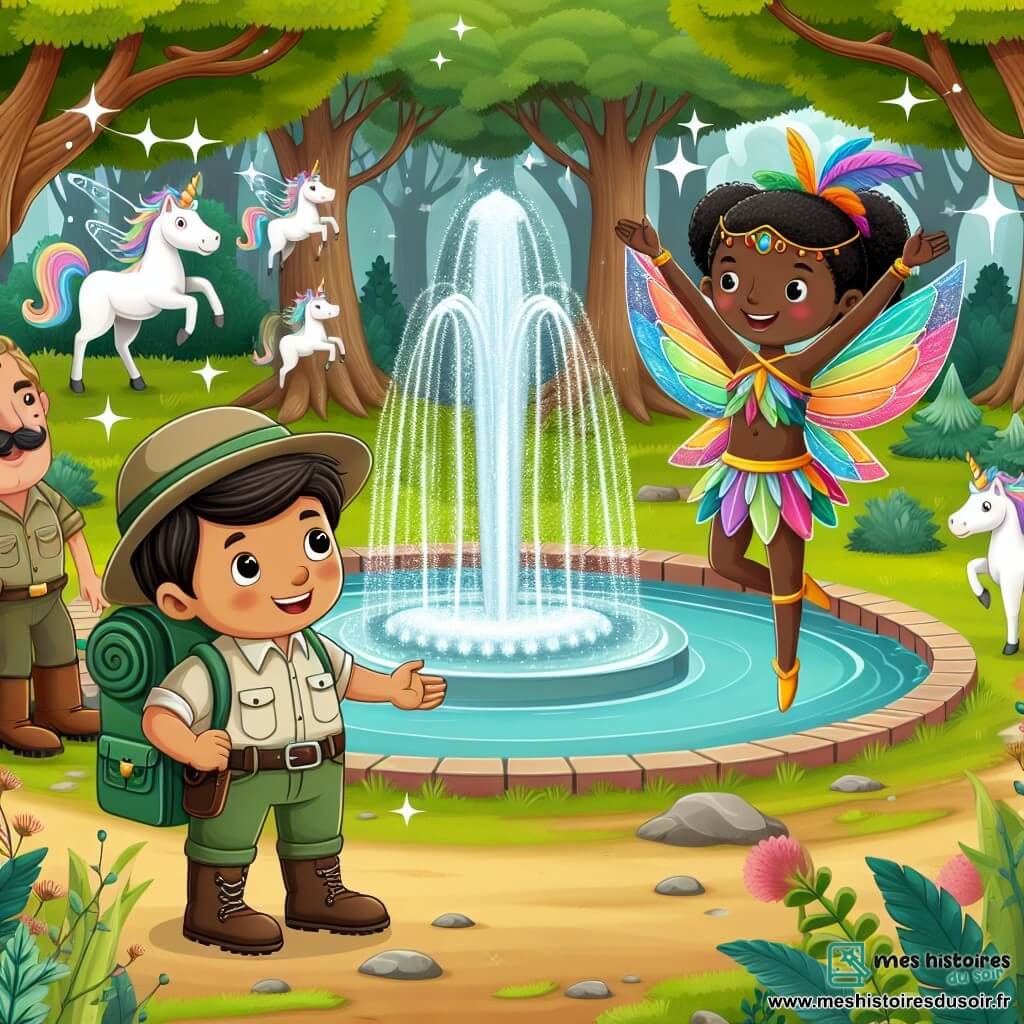 Une illustration destinée aux enfants représentant un explorateur courageux (garçon) se tenant devant une fontaine scintillante, accompagné d'une fée bienveillante (fille) aux plumes multicolores, dans une clairière enchantée remplie d'arbres qui chantent et de licornes dansantes.