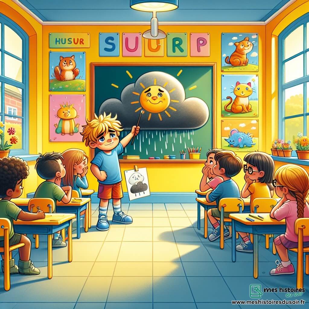 Illustration d'une salle de classe lumineuse aux murs jaunes, avec des fenêtres laissant entrer la lumière du soleil. Des affiches colorées montrent des animaux et des mots positifs. Au centre, un tableau noir où un enfant a dessiné un nuage gris avec un soleil. Un garçon de huit ans, aux cheveux blonds ébouriffés et aux yeux pétillants, se tient devant ses camarades avec une feuille de papier, portant un t-shirt bleu et un short rouge. À ses côtés, une fille avec des lunettes roses l'écoute, souriante. Le garçon partage son dessin, exprimant tristesse et espoir, tandis que les autres enfants l'écoutent attentivement, certains hochant la tête. Des crayons et des feutres sont éparpillés sur les tables, et une marionnette en forme de cœur est posée à côté du garçon, symbolisant l'importance de partager ses sentiments. L'atmosphère est chaleureuse et bienveillante, illustrant un moment de soutien et d'amitié.