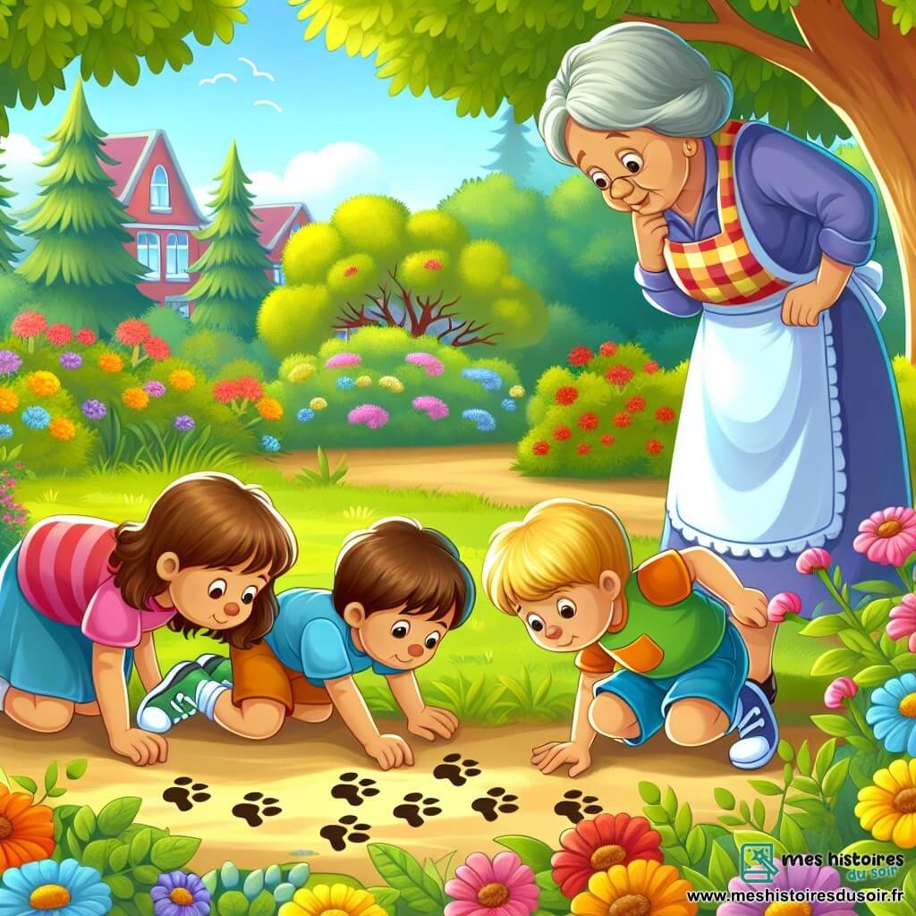 Une illustration sous forme de dessin destinée aux enfants représentant un parc ensoleillé rempli de fleurs colorées et d'arbres verdoyants, où un groupe de quatre enfants de cinq ans, deux garçons aux cheveux bruns et une fille aux cheveux blonds, tous vêtus de t-shirts colorés et de shorts, se penchent avec curiosité sur des empreintes de pattes dans la terre, tandis qu'une dame âgée aux cheveux gris, vêtue d'un tablier, les observe avec un sourire bienveillant, illustrant leur aventure de petits détectives à la recherche d'un chat disparu.