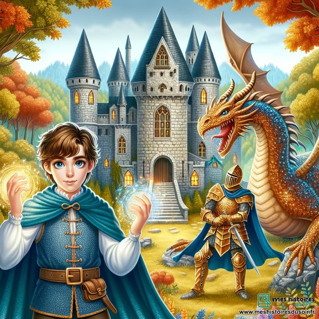 Une illustration sous forme de dessin destinée aux enfants représentant un majestueux château médiéval en pierre, entouré de forêts aux couleurs automnales, avec un jeune homme aux cheveux bruns et aux yeux pétillants, vêtu d'une tunique bleue, levant les mains pour lancer un sort magique, tandis qu'un grand chevalier en armure dorée, au visage déterminé, se tient à ses côtés, prêt à l'affronter, alors qu'un dragon aux écailles scintillantes et aux yeux brillants de colère se dresse devant eux, créant une atmosphère de tension et d'aventure fantastique.