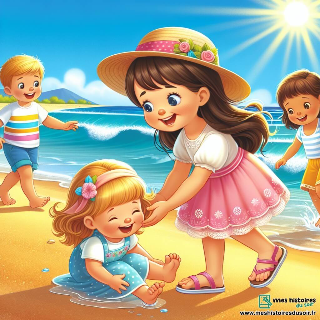 Une illustration destinée aux enfants représentant une fillette joyeuse jouant avec des amis sur une plage ensoleillée, où elle vient en aide à une petite fille en détresse.