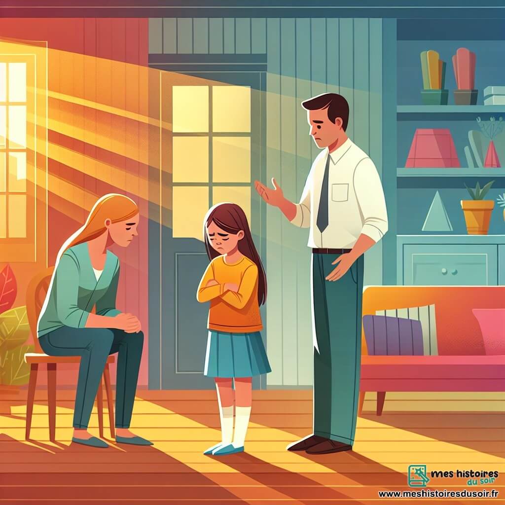 Une illustration destinée aux enfants représentant une fillette vivant des moments de tension entre ses parents, avec l'aide précieuse de sa mère (femme) et de son père (homme), dans une maison chaleureuse aux murs colorés et aux meubles accueillants, où les rayons du soleil traversent les fenêtres pour illuminer chaque recoin.