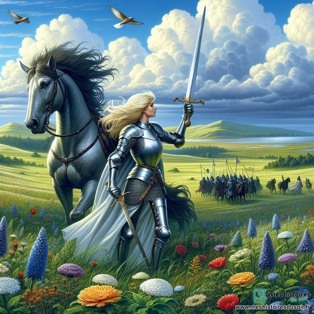 Illustration d'une vaste plaine verdoyante avec des fleurs colorées et des collines douces sous un ciel bleu, où des nuages blancs flottent. Au centre, une chevaleresse en armure argentée scintillante se tient fièrement, ses longs cheveux blonds au vent, brandissant une épée brillante avec un regard déterminé. À ses côtés, un jeune écuyer de douze ans, aux cheveux bruns en bataille et aux yeux pétillants, admire la scène tout en tenant les rênes d'un destrier noir. En arrière-plan, une armée ennemie avec des tentes sombres et des silhouettes menaçantes se profile, créant une atmosphère de tension. Des oiseaux volent au-dessus, ajoutant une touche de vie à cette scène épique, symbole de bravoure et d'espoir pour la justice.