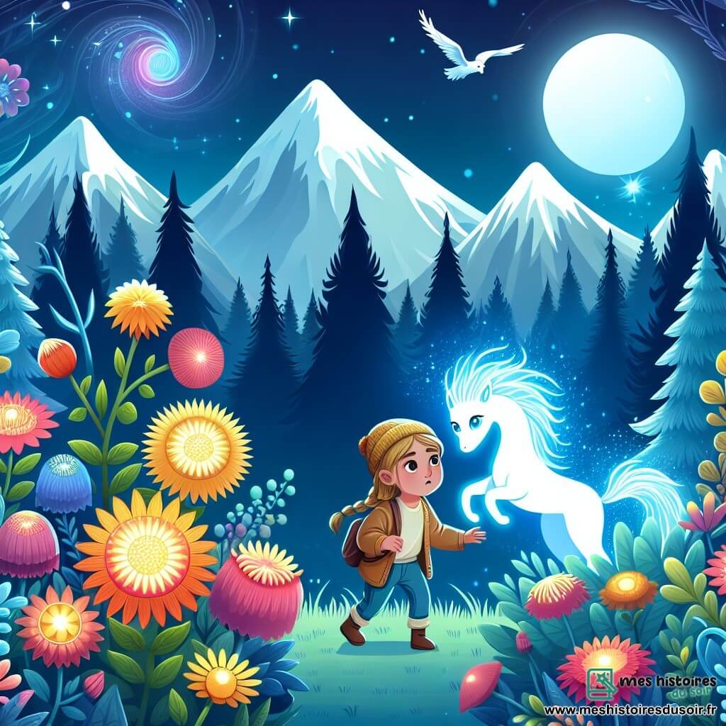 Une illustration destinée aux enfants représentant une jeune fille curieuse découvrant une créature lumineuse dans une forêt enchantée, entourée de montagnes aux sommets enneigés et de fleurs aux couleurs chatoyantes.