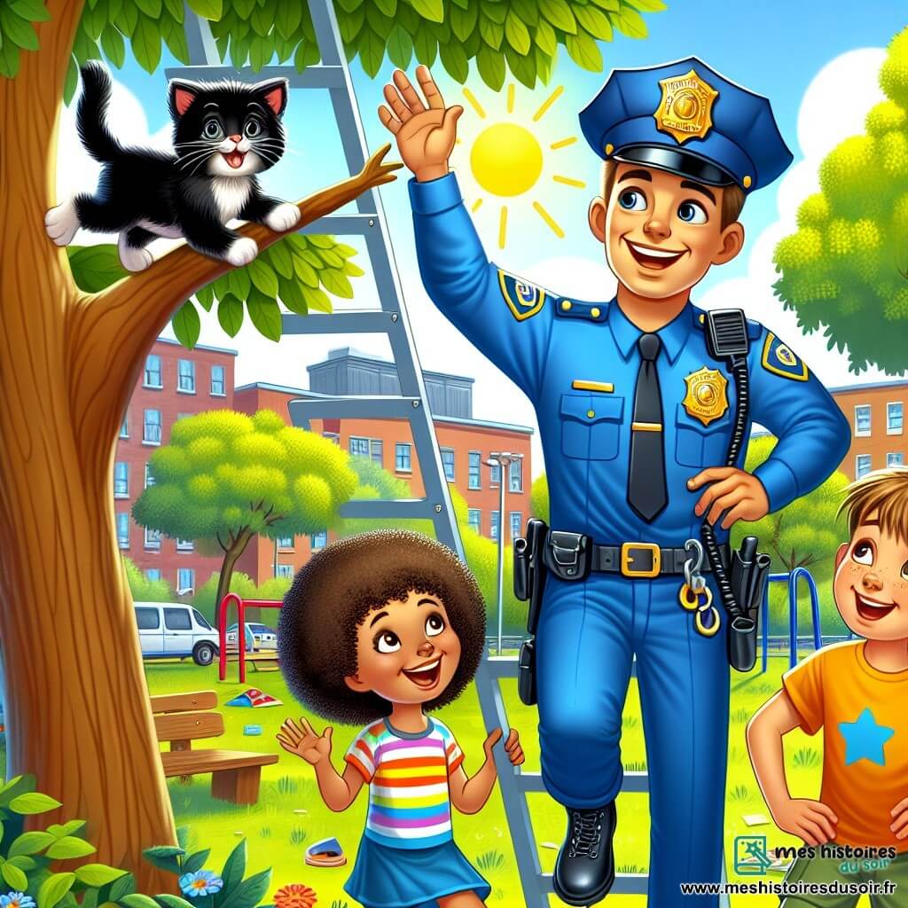 Une illustration sous forme de dessin destinée aux enfants représentant une cour d'école ensoleillée avec des arbres verdoyants et des jeux colorés, où un policier homme, grand et souriant, portant un uniforme bleu avec un insigne brillant, est en train de descendre d'une échelle pour sauver un petit chaton noir perché sur une branche, tandis qu'une petite fille aux cheveux bouclés, enthousiaste, et un garçon aventurier aux cheveux courts, regardent avec admiration, tous deux portant des t-shirts colorés et des sourires émerveillés, illustrant ainsi l'importance de l'entraide et de la sécurité.