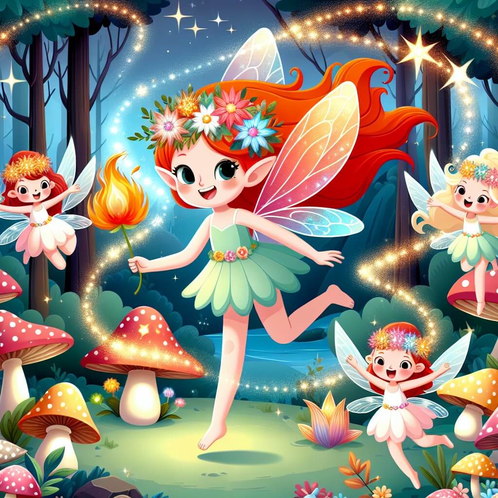 Une illustration destinée aux enfants représentant une fée espiègle avec des cheveux roux flamboyants, qui organise une course magique à travers une forêt enchantée, accompagnée de ses amies fées aux ailes scintillantes, dans un royaume secret plein de champignons géants et de fleurs magiques lumineuses.