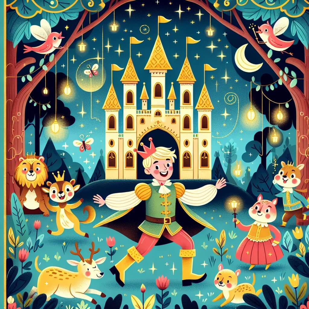 Une illustration destinée aux enfants représentant un prince farceur, entouré d'animaux rigolos, dans un magnifique château situé au cœur d'une forêt enchantée, illuminée par les lumières des lucioles.