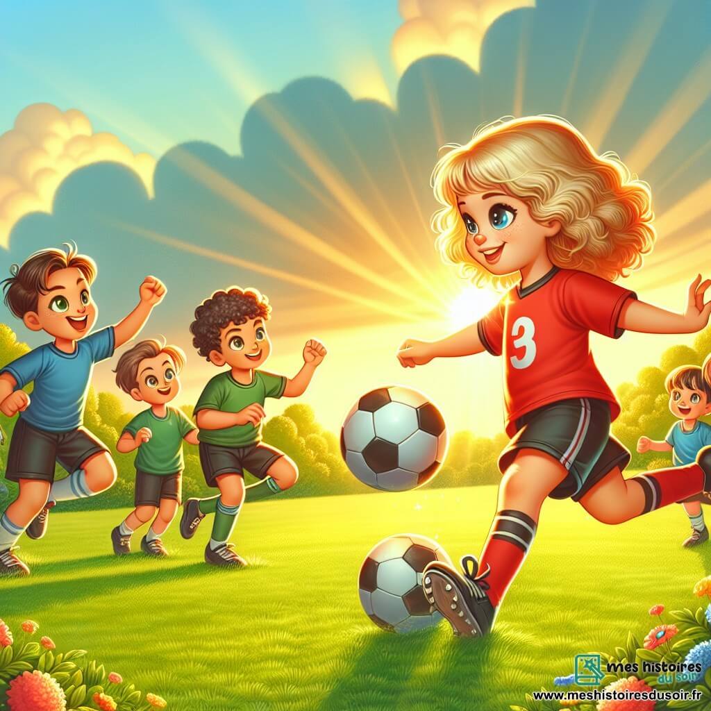 Illustration d'un terrain de football verdoyant, illuminé par le soleil couchant. L'herbe est fraîche et bien tondue, bordée de fleurs colorées, et le ciel bleu clair se teinte d'orangé. Au centre, une jeune fille d'environ neuf ans, avec des cheveux bouclés et des yeux pétillants, dribble le ballon avec agilité, souriante et déterminée, vêtue d'un maillot rouge et d'un short noir. Autour d'elle, des enfants de huit à dix ans l'encouragent : un garçon aux cheveux bruns en maillot bleu saute de joie, tandis qu'une fille blonde tressée en maillot vert applaudit. La scène évoque l'énergie d'un match amical, remplie de rires et d'encouragements, avec des arbres verdoyants et des spectateurs fiers en arrière-plan, sous un ciel parsemé de nuages légers.