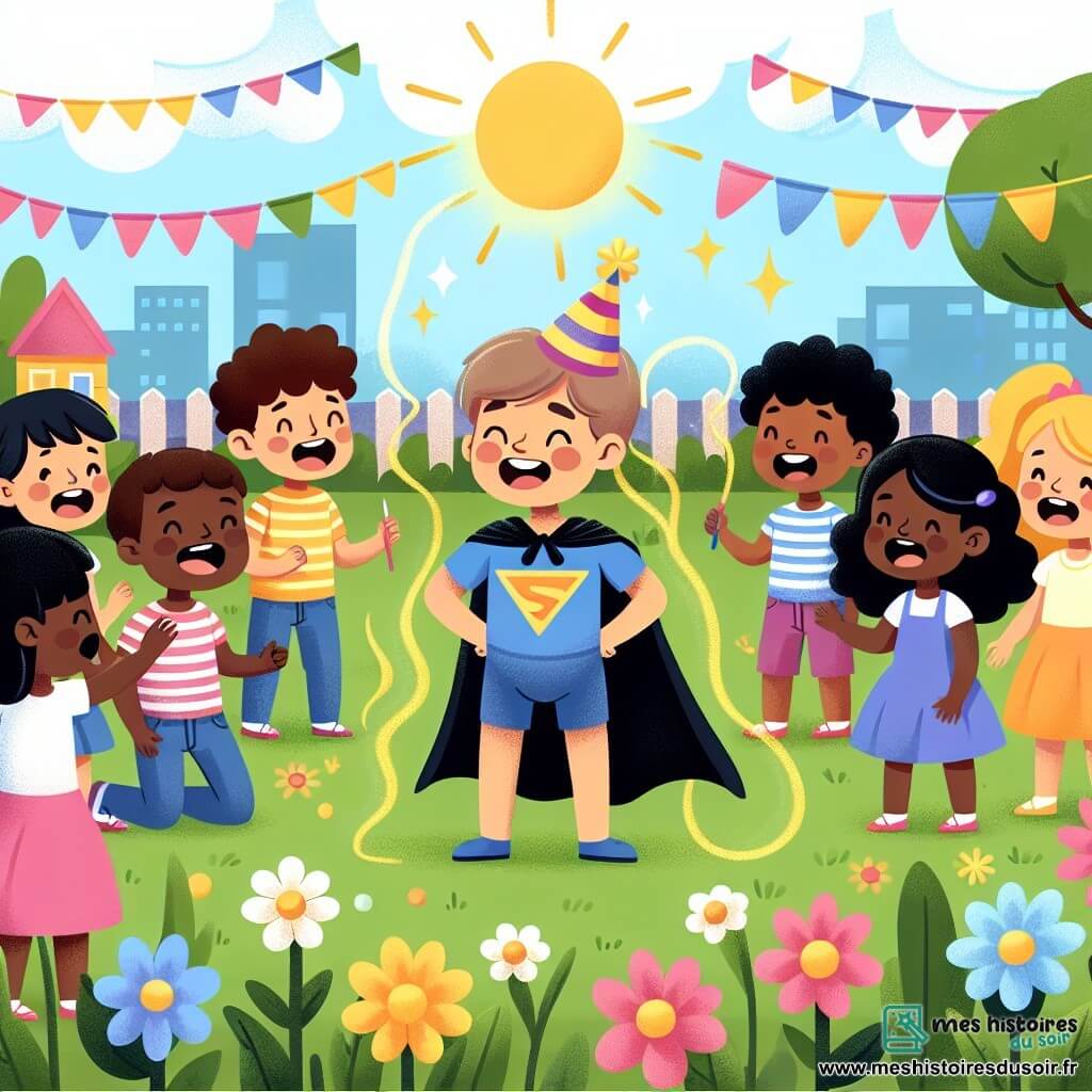Une illustration destinée aux enfants représentant un petit garçon vêtu d'un costume de super-héros, vivant une journée magique d'anniversaire entouré de ses amis, dans un jardin en fleurs sous un ciel ensoleillé.