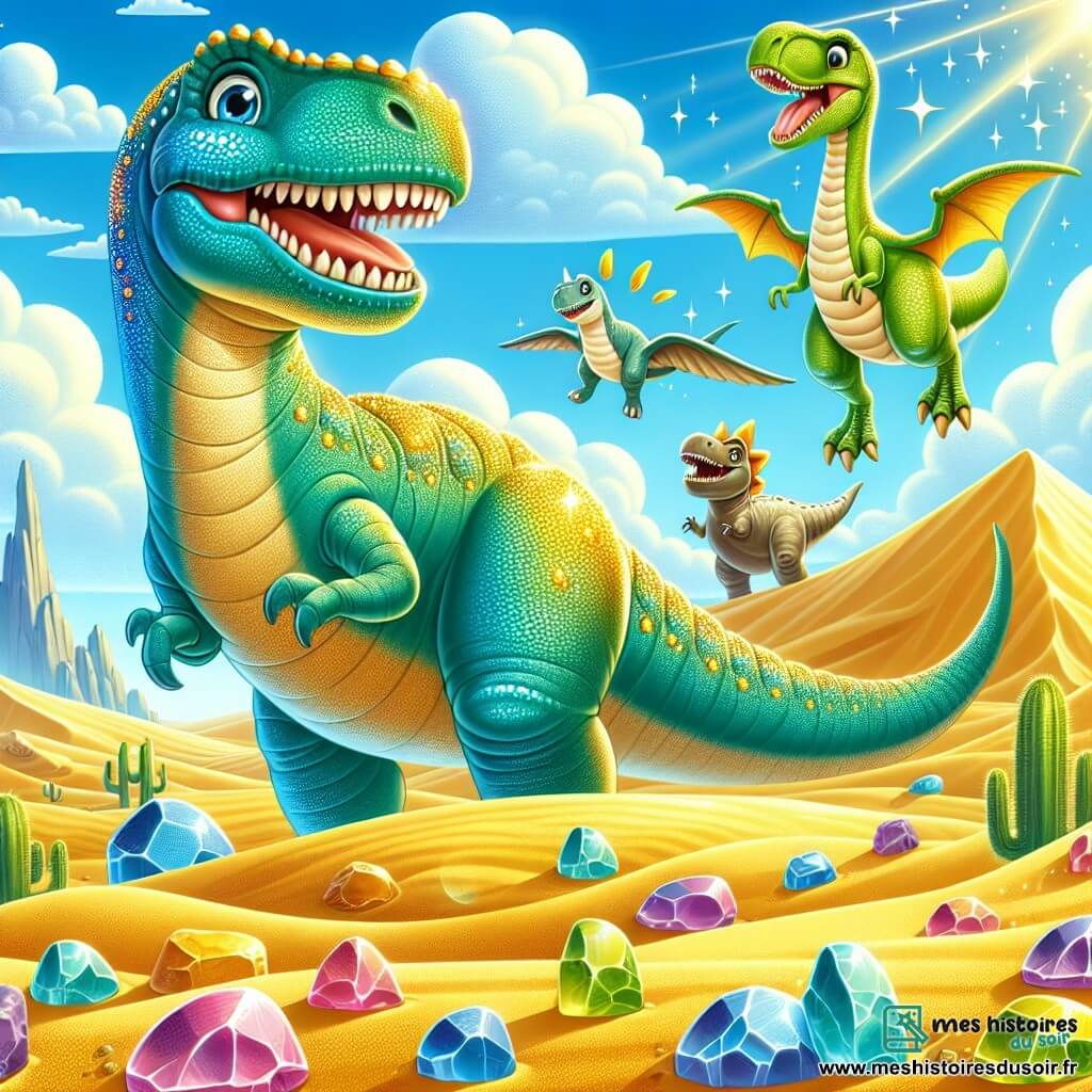 Illustration d'un vaste désert doré avec des dunes et des rochers colorés sous un ciel bleu avec quelques nuages. Au premier plan, un grand dinosaure à la peau verte et aux écailles brillantes se tient sur ses pattes arrière, souriant largement avec de grandes dents blanches et les bras levés. À ses côtés, un petit dinosaure trapu avec trois cornes et une peau bleu clair saute de joie, ses yeux pétillants. En arrière-plan, un dinosaure volant ajoute du dynamisme à la scène. Les trois amis sont entourés de pierres brillantes et de fossiles, symbolisant leur aventure joyeuse dans ce monde préhistorique.