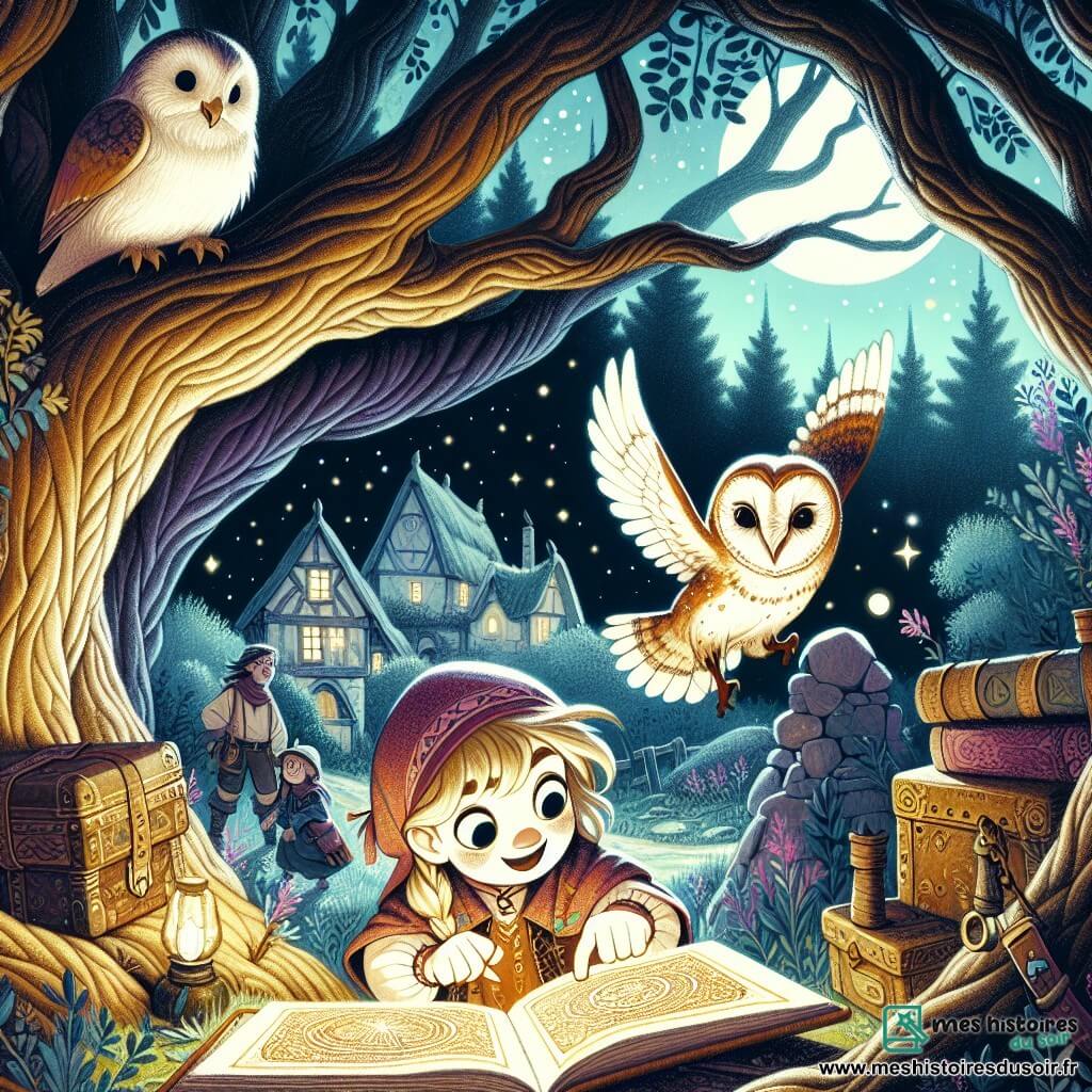 Une illustration destinée aux enfants représentant une apprentie sorcière découvrant un grimoire magique dans un grenier poussiéreux, accompagnée d'une chouette aux yeux perçants, sous un vieux chêne centenaire dans le village de Luméria, où se cachent des secrets enchantés.