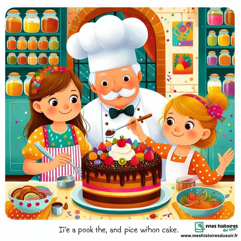 Une illustration destinée aux enfants représentant une jeune fille passionnée par la cuisine, en train de préparer un délicieux gâteau avec l'aide bienveillante d'un chef cuisinier renommé, dans une cuisine colorée et chaleureuse décorée de pots d'épices et d'ustensiles brillants.