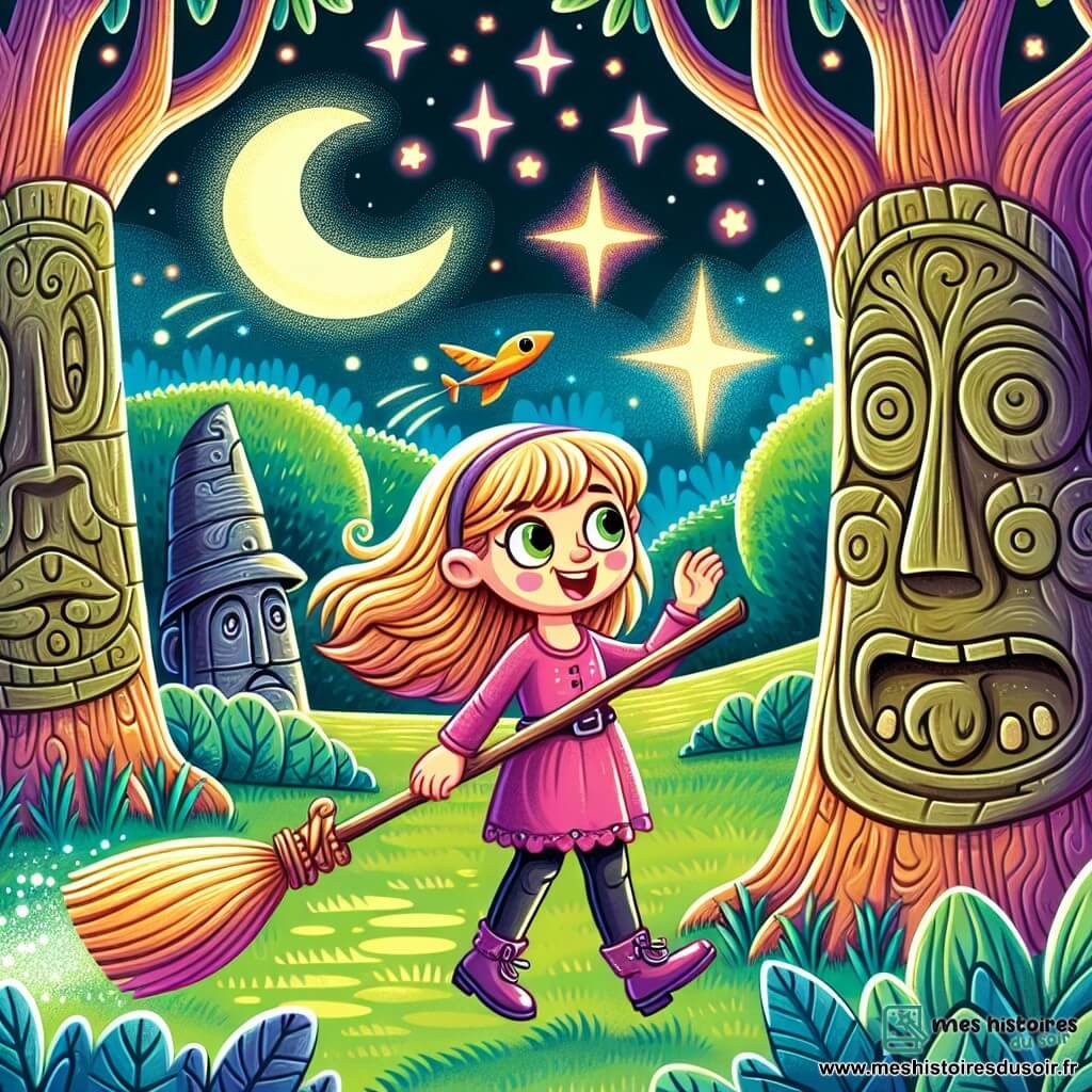 Une illustration destinée aux enfants représentant une fillette pleine d'enthousiasme se tenant aux côtés d'un balai volant enchanté, dans une clairière mystérieuse entourée d'arbres aux visages sculptés parlants, éclairée par des étoiles scintillantes, où se déroule une aventure fantastique et colorée.