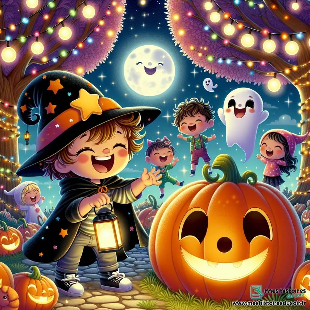Illustration destinée aux enfants représentant un parc féérique décoré pour Halloween, avec des arbres majestueux ornés de lumières scintillantes et des citrouilles souriantes illuminées par la lune. Au centre, un petit garçon de 3 ans, avec des cheveux bruns en désordre, portant un chapeau de sorcier noir orné d'une étoile dorée, sourit joyeusement en tenant une petite lanterne. À ses côtés, un petit fantôme rond et amical, avec de grands yeux ronds et un sourire éclatant, flotte dans les airs, ajoutant une touche magique à la scène. Ensemble, ils admirent les enfants déguisés qui dansent et s'amusent autour d'une grande citrouille lumineuse, créant une atmosphère festive et enjouée, pleine de rires et de joie.