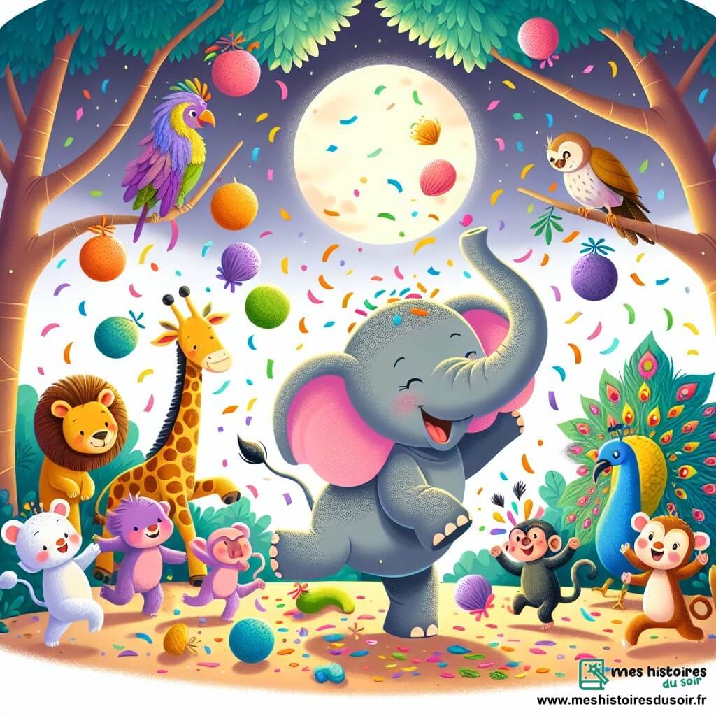 Une illustration sous forme de dessin destinée aux enfants représentant une scène colorée dans une forêt enchantée, où un éléphant aux grandes oreilles et à la peau grisâtre parsemée de tâches roses danse joyeusement au milieu de confettis multicolores, entouré de ses amis : une girafe au long cou avec un sourire éclatant, un paon aux plumes flamboyantes déployées, et un singe espiègle qui fait des cabrioles, tous célébrant une fête improvisée après avoir découvert un fruit magique, avec des fruits juteux et colorés éparpillés autour d'eux, sous la lueur douce de la lune.