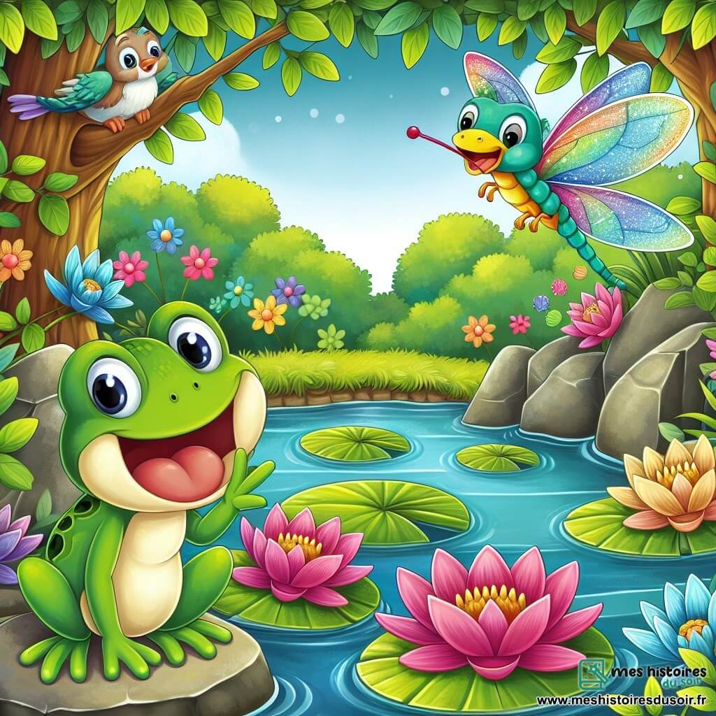 Une illustration destinée aux enfants représentant une grenouille joyeuse et bavarde, accompagnée d'une libellule brillante, dans une mare cachée au cœur de la forêt, avec des nénuphars multicolores et des oiseaux chantant gaiement.
