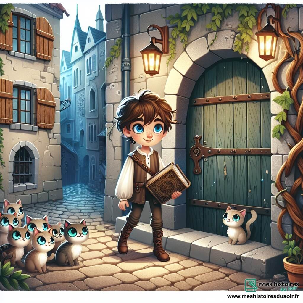 Une illustration sous forme de dessin destinée aux enfants représentant une ancienne ville mystérieuse, avec des ruelles pavées et des maisons aux volets de bois, où un garçon de 11 ans aux cheveux châtains en bataille et aux yeux bleus, tenant un livre ancien, se tient devant une porte en bois ornée de lierre, tandis que des créatures féeriques aux yeux brillants, ressemblant à de petits félins avec des ailes scintillantes, l'observent avec curiosité, alors qu'il hésite à entrer dans un couloir sombre, symbolisant son courage face à l'inconnu et à ses peurs.